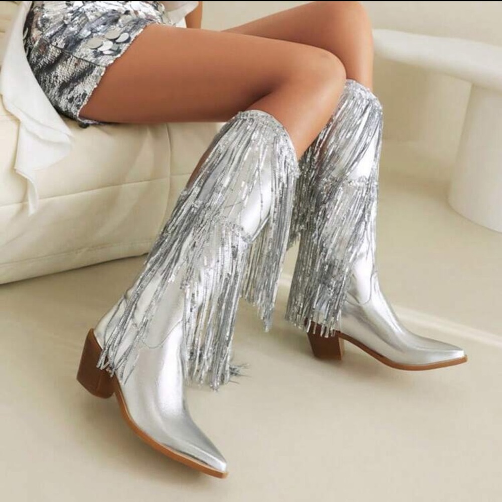Silver sequin fringe cowboy boots tassels metallic vegan leather western - Picture 5 of 8